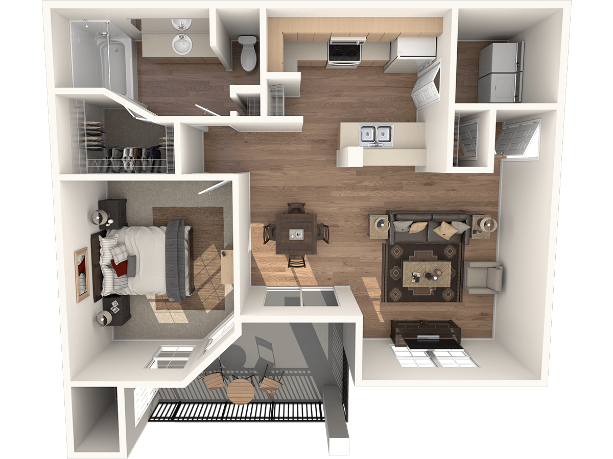 Floor plan for 1 bed, 1 bath, 735 sqft